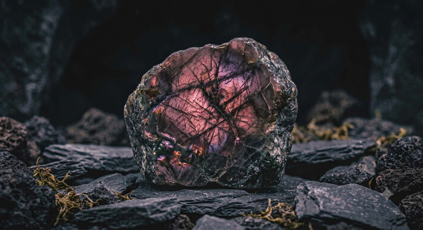 A dark base stone that catches the light to reveal striking, iridescent flashes of pink, violet, or sunset orange.