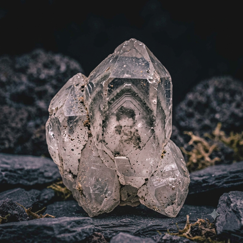 a moody image of a pointed phantom quartz with inclusions