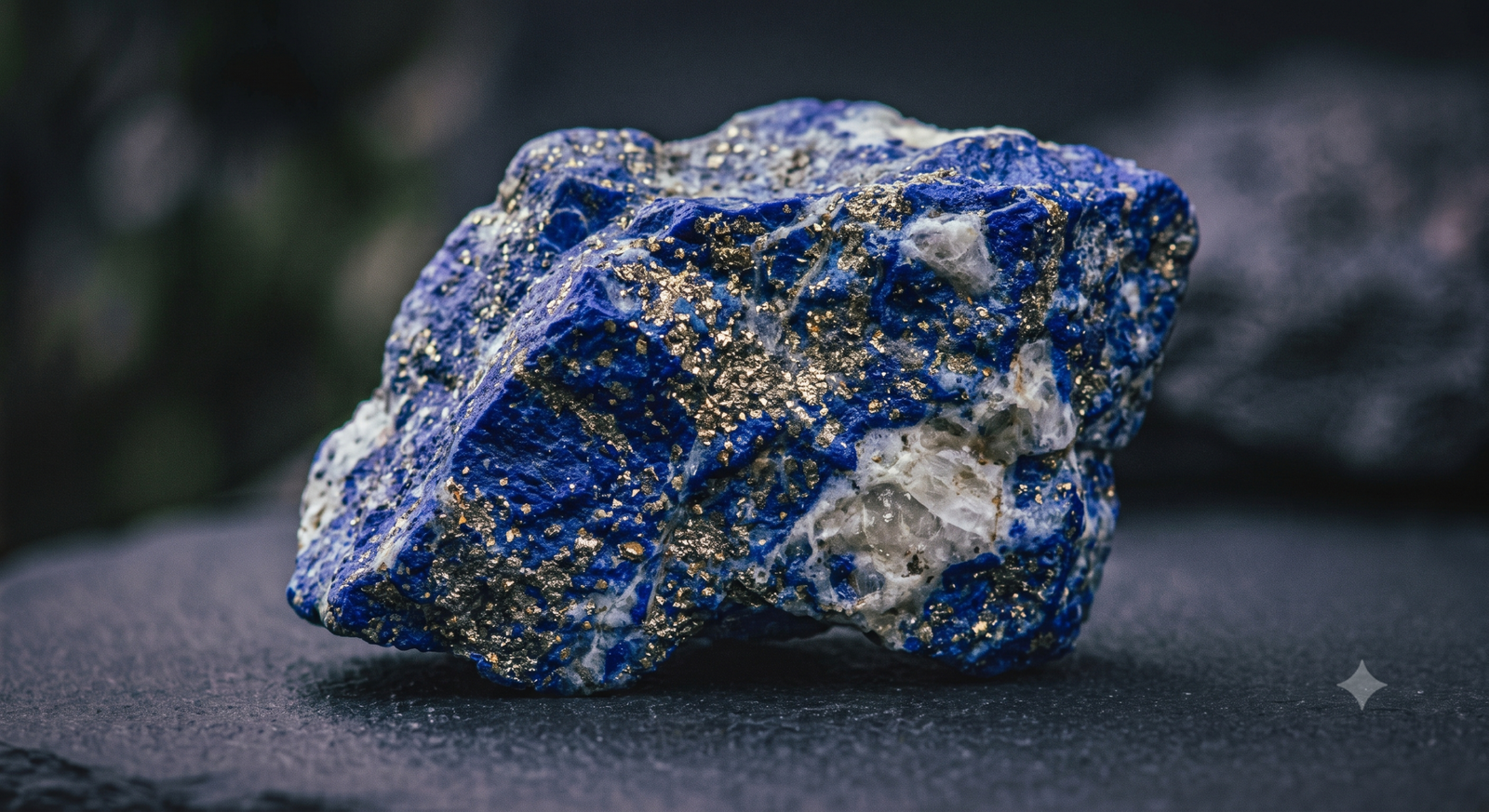 a moody image of an irregularly shaped lapis lazuli blue crystal with white and gold specks