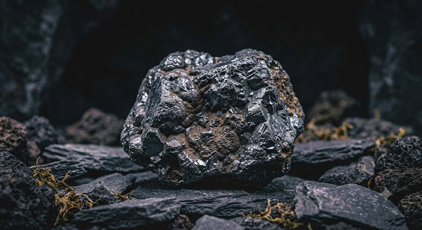 a moody image of a black hematite crystal