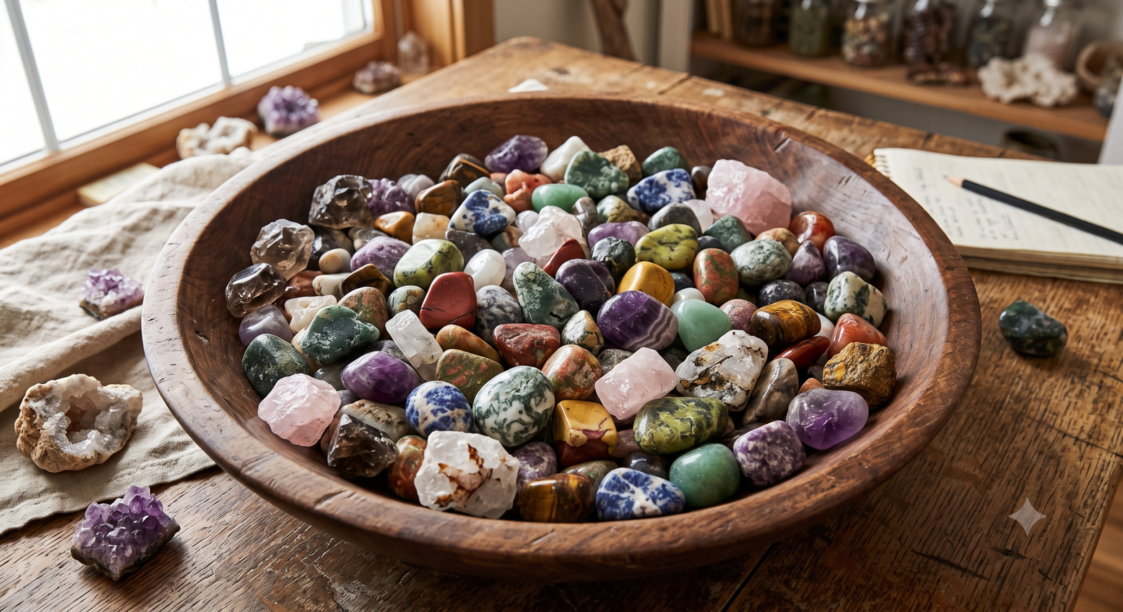 A colorful collection of tumbled stones in a wooden bowl on a desk, symbolizing the journey of healing, grounding, and piecing oneself back together after trauma.