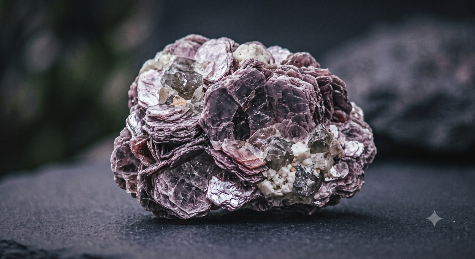 A macro photograph capturing a unique, raw crystal specimen of purple and green micas and other minerals.