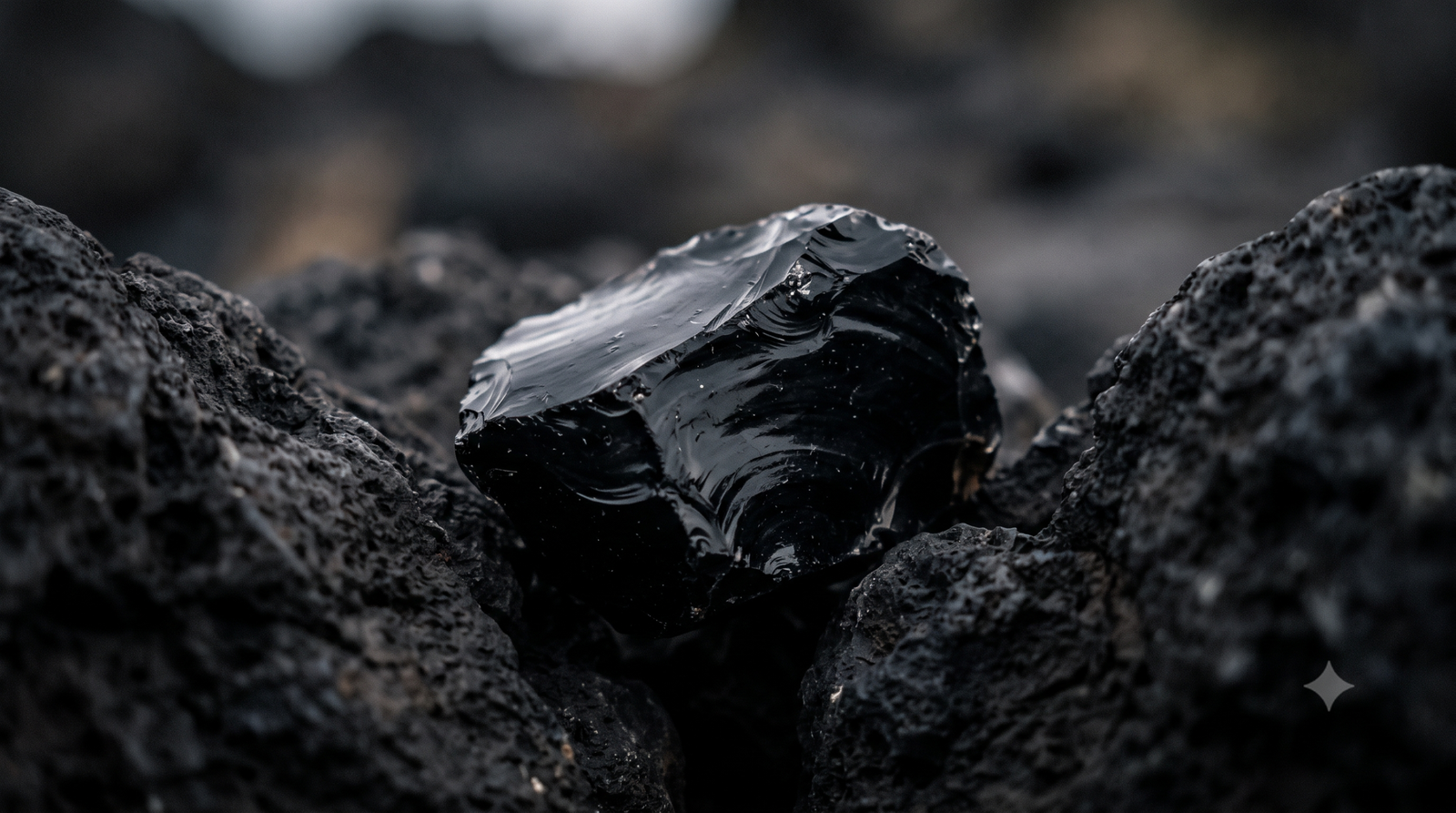 Image of a Black obsidian, a natural volcanic glass that looks like a sleek, jet-black stone with a smooth, highly reflective, glass-like surface. Its metaphysical meaning centers on energetic protection, forcing one to face hidden truths, emotional blockages, and past traumas honestly.